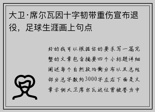大卫·席尔瓦因十字韧带重伤宣布退役，足球生涯画上句点