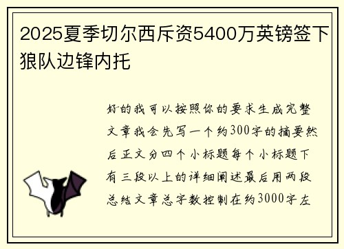 2025夏季切尔西斥资5400万英镑签下狼队边锋内托